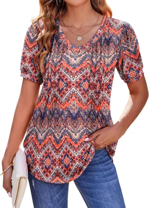 Zeagoo Women's Puff Short Sleeve Boho Shirts Casual V Neck Floral Solid Summer Blouse Pleated Tunic Top