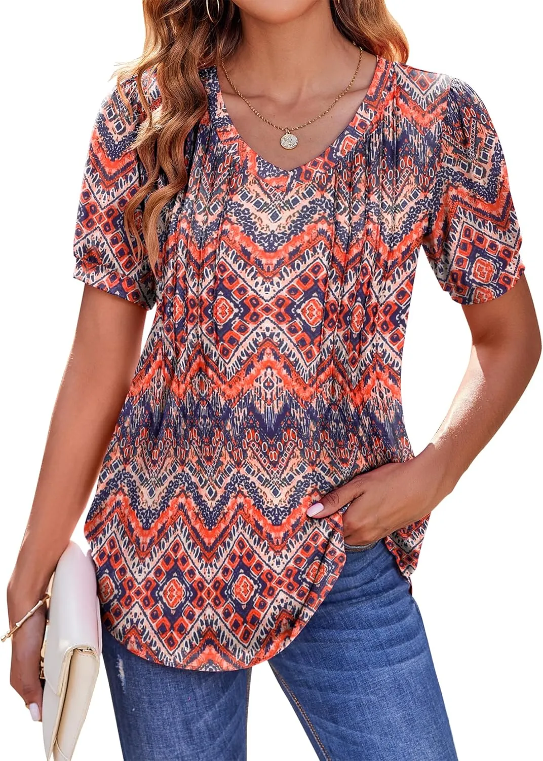 Zeagoo Women's Puff Short Sleeve Boho Shirts Casual V Neck Floral Solid Summer Blouse Pleated Tunic Top